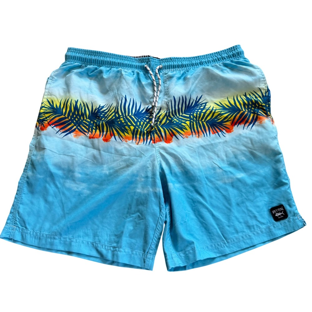 Spicy Tuna Mens XL Swim Trunks Blue Tropical Palm Leaf Print Mesh Lined Shorts